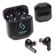 aerial view a black allegro tws earbuds with solar powered charging case, image 1 of 4