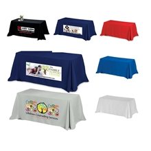 aerial view a group of 3- sided economy 8 ft table cloth covers (photoimage full color) / fits 8 ft table, image 1 of 2