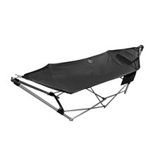 a black portable hammock with stand