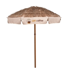 aerial view a beige 7 palapa style patio, image 1 of 2