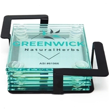 a clear-black square glass coasters 6 piece set in metal stand