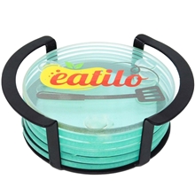 a clear-black round glass coasters 6 piece set in metal stand