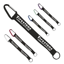 aerial view a group of 3/4 sewn polyester keychain with metal split - ring strap and carabiner, image 1 of 3