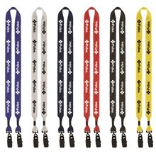 a group of 3/4 2- ended polyester lanyard with metal crimp metal bulldog clip