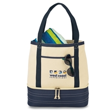 aerial view a navy blue-natural coastal cotton insulated tote, image 1 of 7