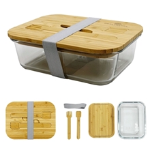 aerial view a natural with clear chow bella glass bento box with bamboo lid, image 1 of 2