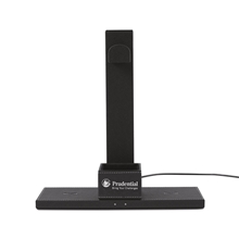 aerial view a black truman dual wireless charger and headphone stand, image 1 of 3