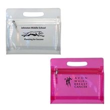 a group of translucent airline pouch cosmetic case with handle and zipper closure