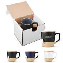 aerial view a group of prime line 16.5 oz boston ceramic mug with wood lid in mailer, image 1 of 2
