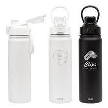 aerial view a group of perka(r) rex 24 oz double wall, stainless steel water bottle, image 1 of 2