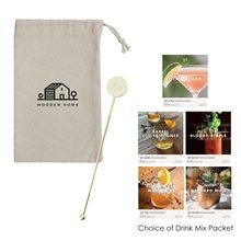 aerial view a group of stainless steel cocktail stirrers with cocktail infusion drink packet, image 1 of 3