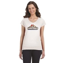 a white gildan ladies softstlye 4.5 oz fitted v - neck t - shirt - white