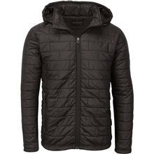 aerial view a black mens microburst puffer hoodie jacket, image 1 of 3