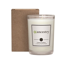 aerial view a group of custom 8 oz scented tumbler candle in a cardboard gift box, image 1 of 2