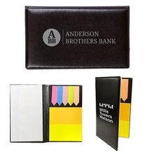 a black case with assorted sticky flags and orange & yellow sticky notes multipurpose sticky note holder