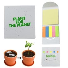 a white holder with yellow sticky pad and orange/blue/yellow/pink/green sticky note tabs eco - friendly plantable sticky note holder