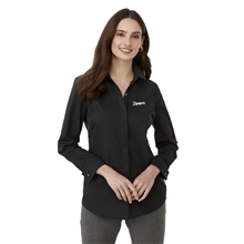 aerial view a black (995) womens untuckit tracey long sleeve button up shirt, image 1 of 10