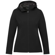 aerial view a black (995) womens lefroy eco lightweight softshell jacket with hood, image 1 of 4