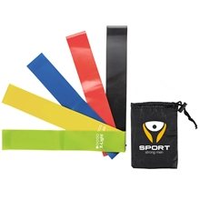 aerial view a group of yoga resistance bands with pouch, image 1 of 3
