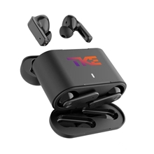 aerial view a black duofinity pairs noninterrupted wireless earbuds, image 1 of 8