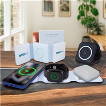 aerial view a group of chi - charge stack 3- in -1 fast wireless charging mat for apple and android, image 1 of 6