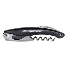 aerial view a black bottle opener, corkscrew opener with knife, image 1 of 2