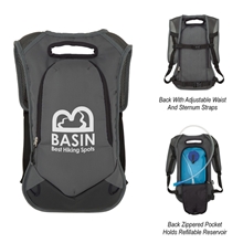 aerial view a silver with black revive hydration backpack, image 1 of 5