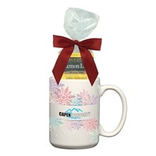 aerial view a group of 15 oz full color mug with four assorted tea bags, image 1 of 2