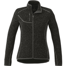 aerial view a black smoke heather (994) womens tremblant sweater knit full zip jacket with thumb holes, image 1 of 5