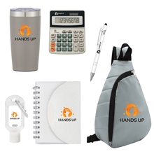 aerial view a group of ultimate new hire swag bag kit, image 1 of 2