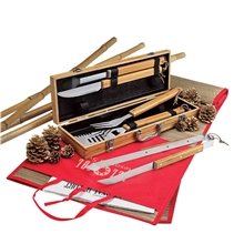 a group of cleveland 5- piece bamboo bbq set