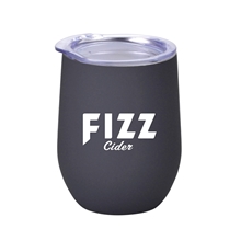 aerial view a black 12 oz vacuum insulated stainless steel stemless wine glass with rubberized finish, image 1 of 2