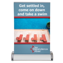 aerial view a white small mini retractable polypropylene banner kit, image 1 of 7