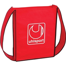 aerial view a red with black trim messenger shoulder bag, image 1 of 2