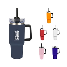 aerial view a group of 40 oz intrepid stainless steel tumbler with handle and straw, image 1 of 6