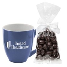 a midnight blue 14 oz ceramic mug with mug drop of dark chocolate almonds