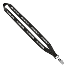 aerial view a black 3/4 economy polyester lanyard with sewn silver tone metal bulldog clip, image 1 of 2