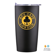 aerial view a black 20 oz economy stainless steel tumbler with plastic pp liner, image 1 of 2