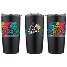 aerial view a black 20 oz economy stainless steel tumbler with plastic pp liner, image 1 of 3