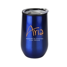 a blue 14 oz economy stainless steel stemless wine glass with plastic lining