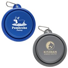 aerial view a group of feed n go collapsible pet water / food bowl with carabiner, image 1 of 2