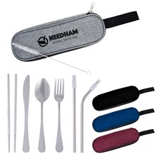 a group of stainless steel cutlery set in pouch case