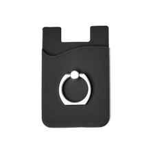 aerial view a black prime line silicone card holder with metal ring phone stand, image 1 of 4