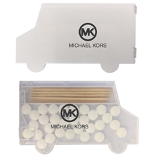 a solid white delivery truck shaped pick n mints