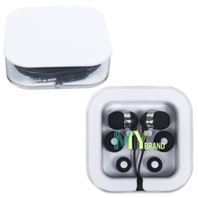 aerial view a black earbuds colored in square case, image 1 of 2