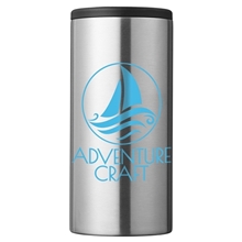 aerial view a stainless 12 oz slim can and beverage holder, image 1 of 5