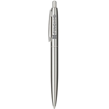 aerial view a silver recycled stainless steel ballpoint pen, image 1 of 7