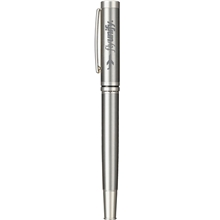 aerial view a silver recycled stainless steel rollerball pen, image 1 of 9