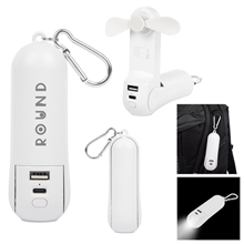 aerial view a white rechargeable power bank with fan flashlight, image 1 of 2