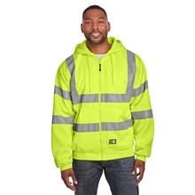 aerial view a hi vis yellow berne mens tall hi - vis class 3 lined full - zip hooded sweatshirt, image 1 of 3